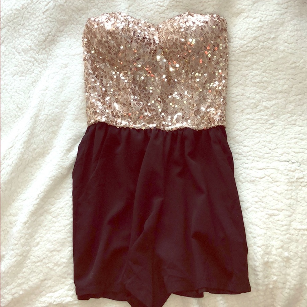 Gold sequin and black strapless romper